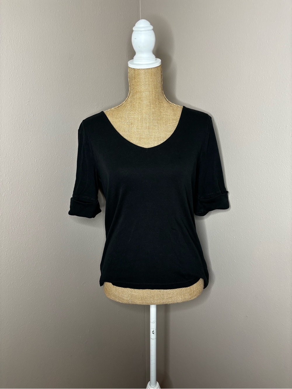 Lauren Ralph Lauren Black 3/4 Cuffed Sleeve 100% Cotton V-Neck Tee Size Large